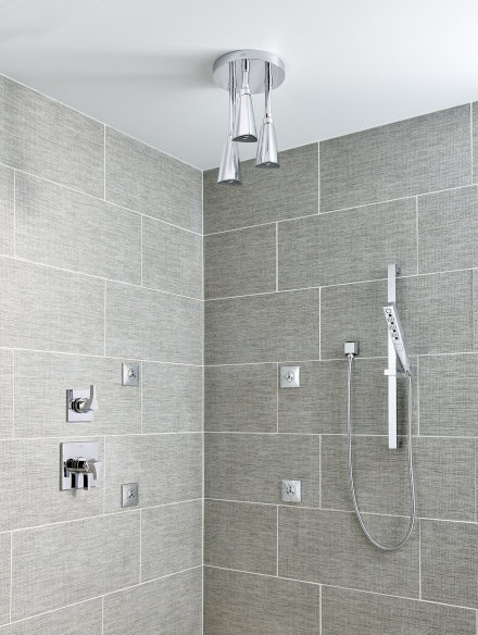 Delta Zura Collection Shower System with Ceiling Mounted Triple Pendant Rain Showerhead, Body Sprays, and Hand Shower with Water Off