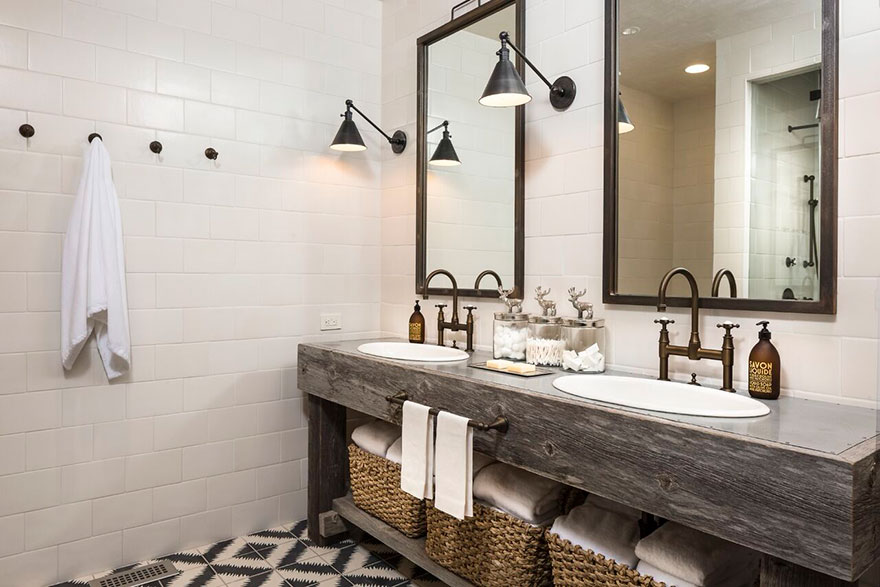 Rustic Master Bathroom with Large Subway Tiled Walls