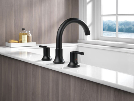 Delta Trinsic Collection Matte Black Finish Deck Mounted Widespread Roman Tub Filler Faucet Includes Rough-in Valve D2181V
