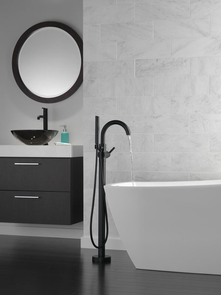 Matte Black Finish Freestanding Tub Filler Faucet with White Tub