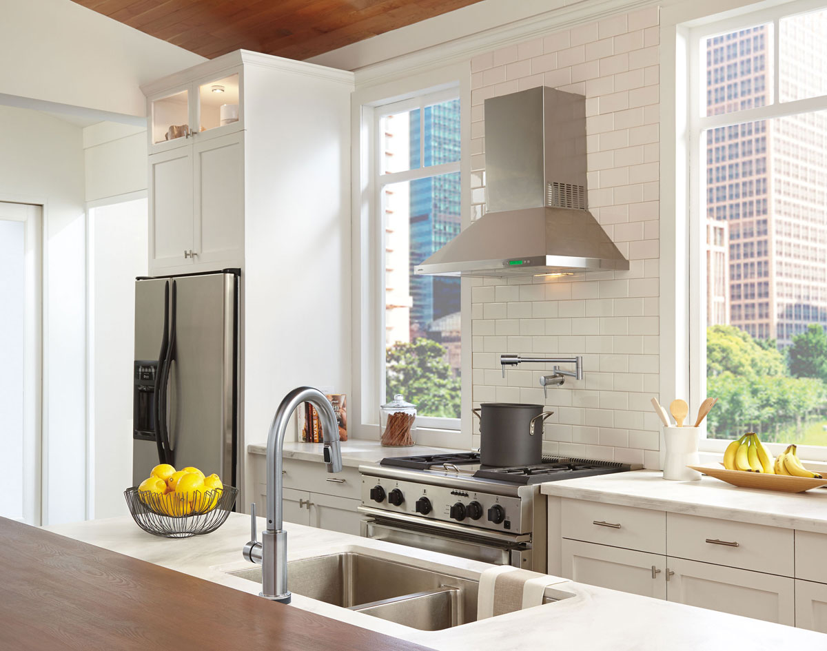 Modern Kitchen Design with Stainless Steel Kitchen Faucet, Pot Filler, and Appliances