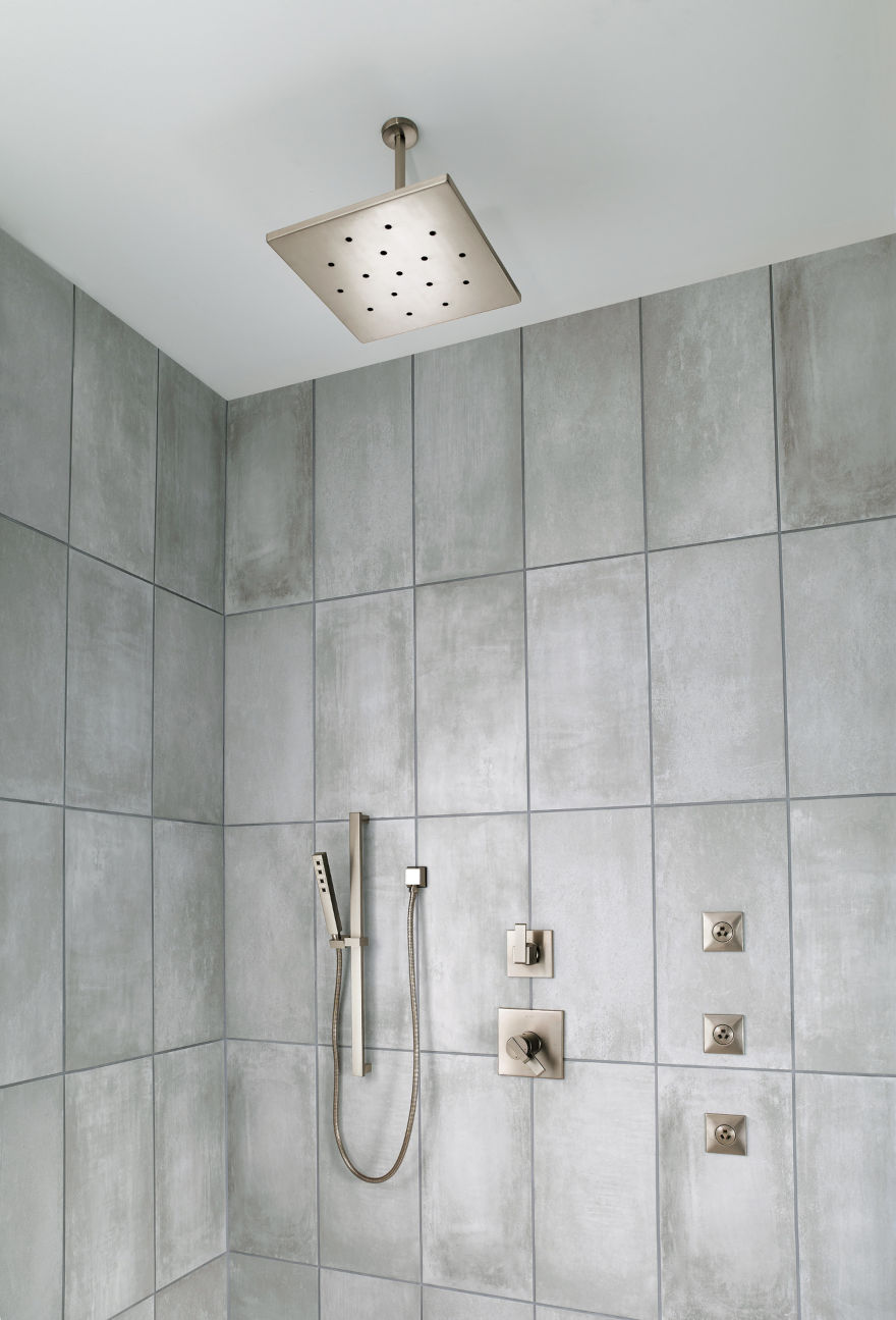 Modern Stainless Steel Finish Shower System with Hand Shower Body Spray Jets and Large Square Rain Showerhead