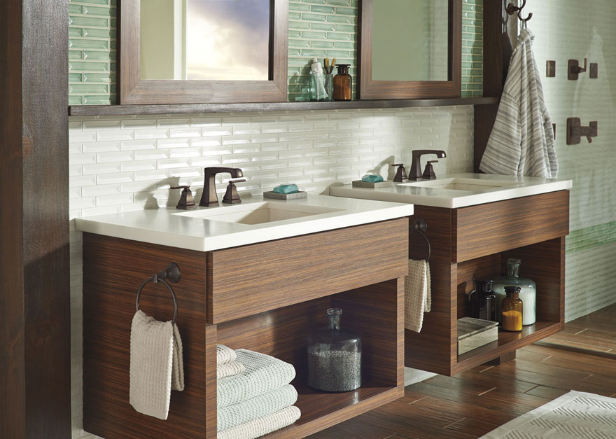 Modern White and Green Tile with Delta Venetian Bronze Widespread Faucets and Double Vanity