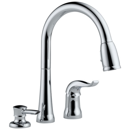 Delta Chrome Finish Single Handle Pull Down Sprayer Kitchen Sink Faucet with Soap Dispenser 473782