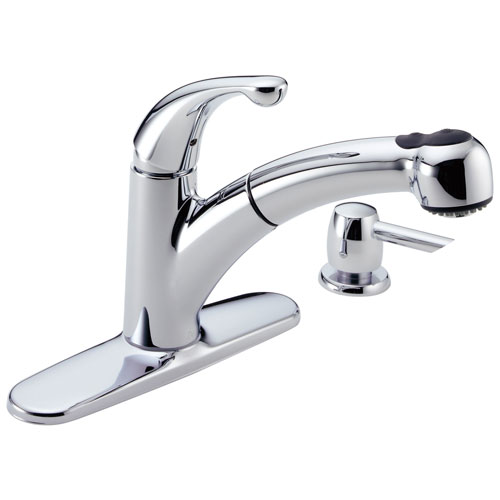 Delta Chrome Finish Single Handle Pull-Out Kitchen Sink Faucet with Soap Dispenser 450413