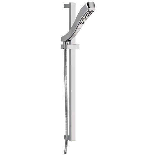 Qty (1): Delta Universal Showering Components Collection Chrome Finish H2Okinetic Modern 4 Setting Hand Shower on Slidebar with Hose