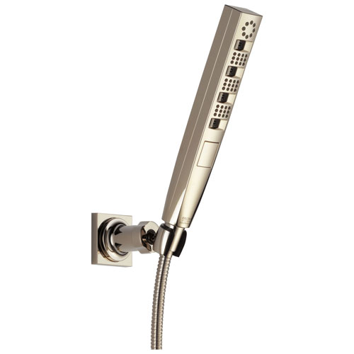 Qty (1): Delta Universal Showering Components Collection Polished Nickel Finish Zura Modern Multi Function Hand Shower with Wall Mount Bracket and Hose