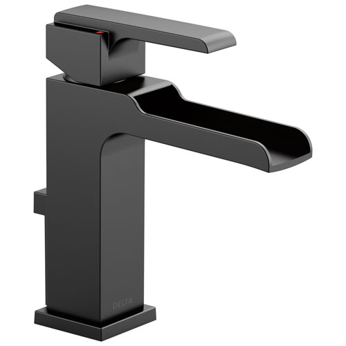 Delta Ara Collection Matte Black Finish Single Handle Modern Bathroom Sink Faucet with Channel Spout and Metal Pop-Up Drain D568LFBLMPU