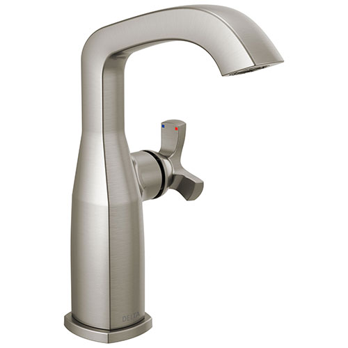 Delta Stryke Stainless Steel Finish Mid-Height Spout Single Hole Bathroom Sink Faucet Includes Helo Cross Handle D3590V