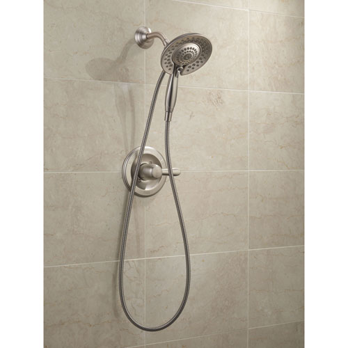 Delta Stainless Steel Finish Lahara Shower Control with Valve, Shower Arm, Shower Flange, and In2ition 5-Setting Two-in-One Handshower Package D083CR