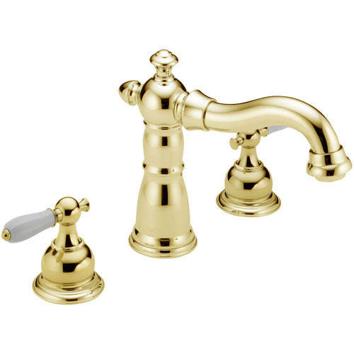 Delta Traditional Victorian Polished Brass 3-Hole Roman Tub Filler Faucet INCLUDES Valve and White Lever Handles D1096V