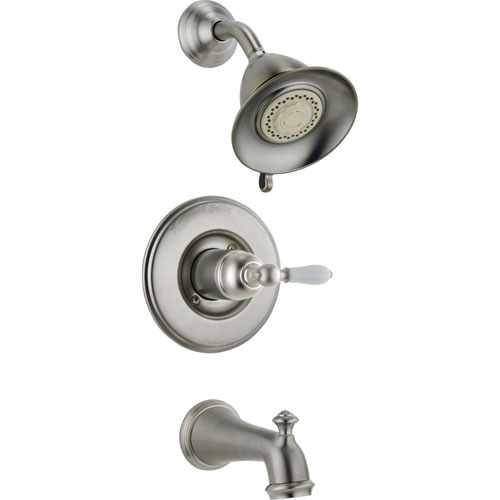 Delta Traditional Victorian Stainless Steel Finish 14 Series Tub and Shower Faucet Combo INCLUDES Rough-in Valve and White Lever Handle D1176V