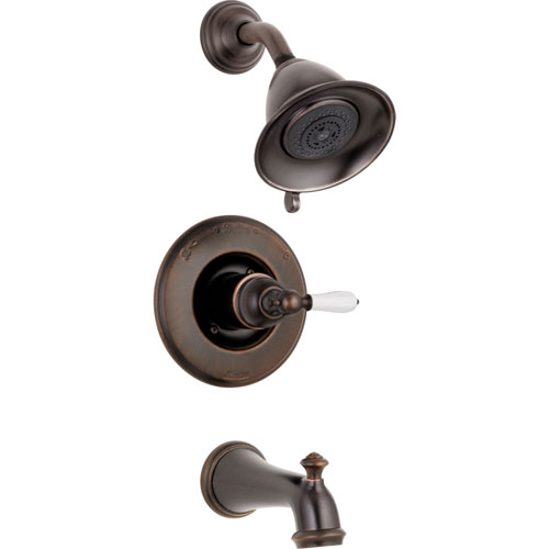 Delta Traditional Victorian Venetian Bronze Finish 14 Series Tub and Shower Faucet Combo INCLUDES Rough-in Valve with Stops and White Lever Handle D1181V