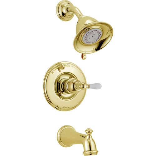 Delta Traditional Victorian Polished Brass Finish 14 Series Tub and Shower Faucet Combo INCLUDES Rough-in Valve and White Lever Handle D1184V