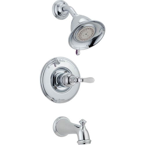 Delta Traditional Victorian Chrome Finish 14 Series Tub and Shower Faucet Combo INCLUDES Rough-in Valve with Stops and White Lever Handle D1189V