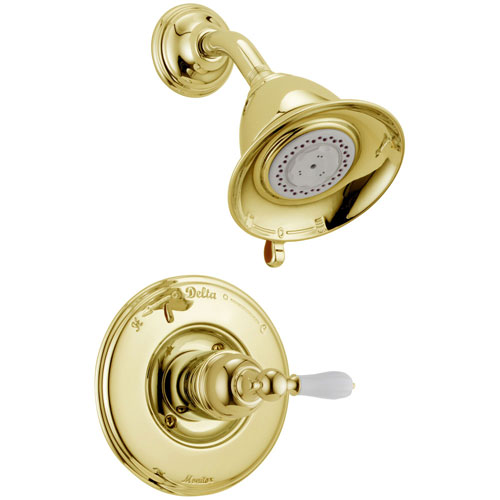 Delta Traditional Victorian Polished Brass Finish 14 Series Shower Only Faucet INCLUDES Rough-in Valve with Stops and White Lever Handle D1201V