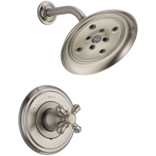 Delta Cassidy Stainless Steel Finish 14 Series Shower Only Faucet INCLUDES Rough-in Valve and Single Cross Handle D1220V