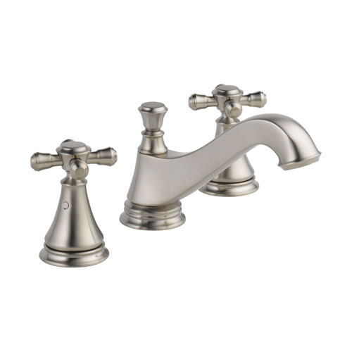 Delta Cassidy Stainless Steel Finish Widespread Lavatory Low Arc Spout Bathroom Sink Faucet INCLUDES Two Cross Handles and Matching Metal Pop-Up Drain D1309V