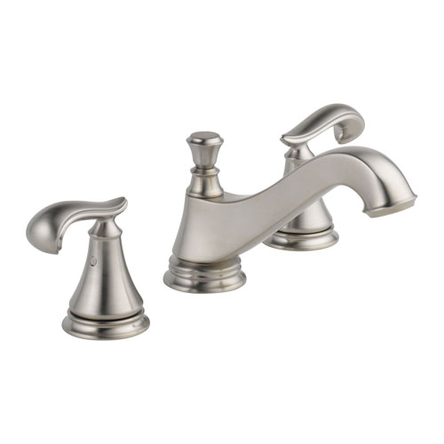 Delta Cassidy Stainless Steel Finish Widespread Lavatory Low Arc Spout Bathroom Sink Faucet INCLUDES Two French Curve Lever Handles and Matching Metal Pop-Up Drain D1310V