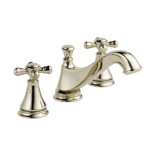 Delta Cassidy Polished Nickel Finish Widespread Lavatory Low Arc Spout Bathroom Sink Faucet INCLUDES Two Cross Handles and Matching Metal Pop-Up Drain D1314V