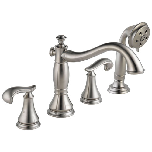 Delta Cassidy Collection Stainless Steel Finish Roman Tub Filler Faucet with Hand Shower INCLUDES (2) French Scroll Levers and Rough-in Valve D1390V