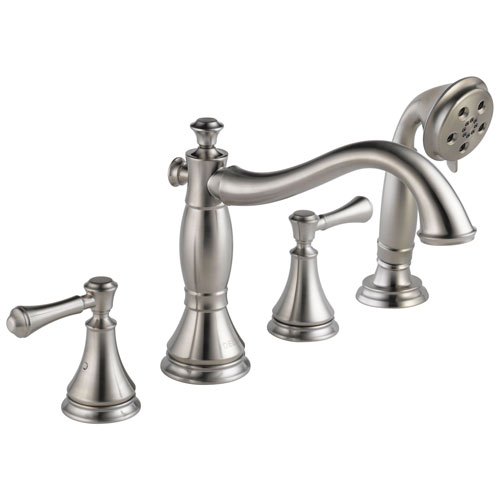 Delta Cassidy Collection Stainless Steel Finish Roman Tub Filler Faucet with Hand Shower INCLUDES (2) Lever Handles and Rough-in Valve D1392V