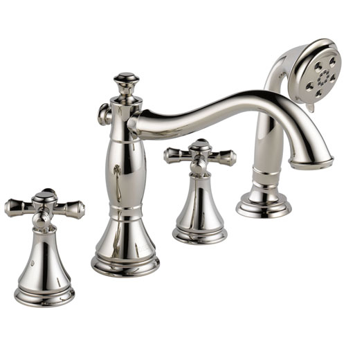 Delta Cassidy Collection Polished Nickel Finish Roman Tub Filler Faucet with Hand Shower INCLUDES (2) Cross Handles and Rough-in Valve D1397V