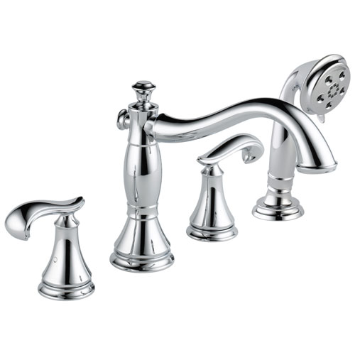 Delta Cassidy Collection Chrome Finish Roman Tub Filler Faucet with Hand Shower INCLUDES (2) French Scroll Levers and Rough-in Valve D1399V