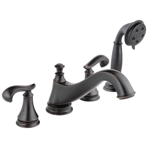 Delta Cassidy Venetian Bronze Classic Spout Roman Tub Filler Faucet Trim Kit with Hand Shower INCLUDES (2) French Scroll Levers and Rough-in Valve D1408V