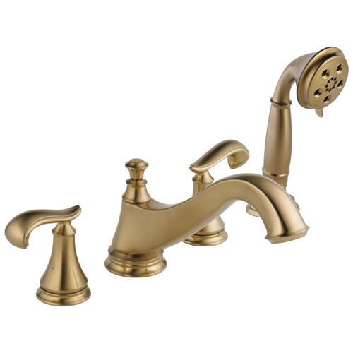 Delta Cassidy Collection Champagne Bronze Classic Spout Roman Tub Filler Faucet Trim with Hand Shower INCLUDES (2) French Scroll Levers and Rough-in Valve D1417V