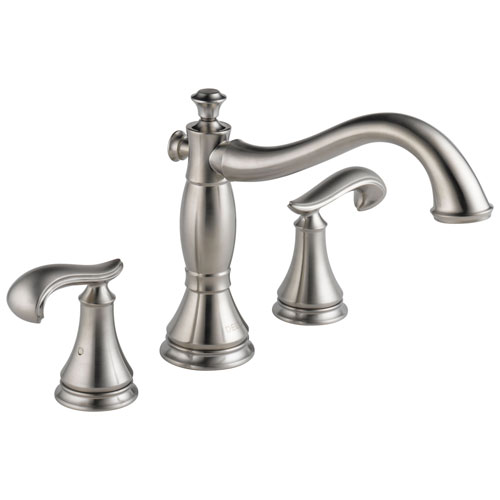 Delta Cassidy Collection Stainless Steel Finish Roman Tub Filler Faucet COMPLETE ITEM Includes (2) French Scroll Levers and Rough-in Valve D1426V