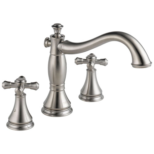 Delta Cassidy Collection Stainless Steel Finish Roman Tub Filler Faucet COMPLETE ITEM Includes (2) Cross Handles and Rough-in Valve D1427V