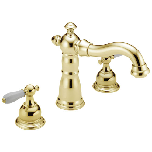 Delta Victorian Polished Brass Finish Traditional Roman Tub Filler Faucet COMPLETE ITEM Includes (2) White Porcelain Lever Handles and Rough-in Valve D1460V