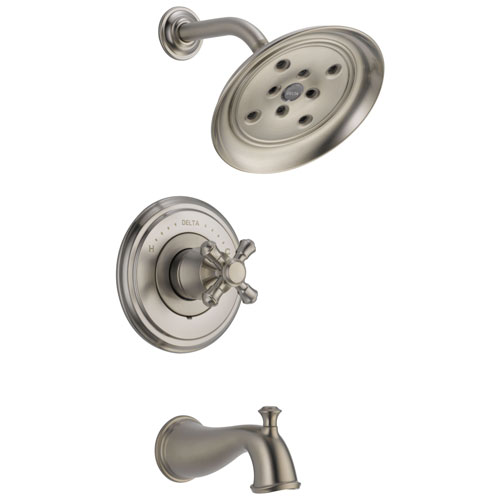 Delta Cassidy Collection Stainless Steel Finish Monitor 14 Tub and Shower Faucet Combo INCLUDES Single Cross Handle and Rough-Valve without Stops D1464V