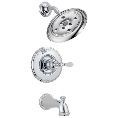 Delta Victorian Collection Chrome Monitor 14 H2Okinetic Tub & Shower Combo Faucet INCLUDES Single White Lever Handle and Rough-Valve with Stops D1520V