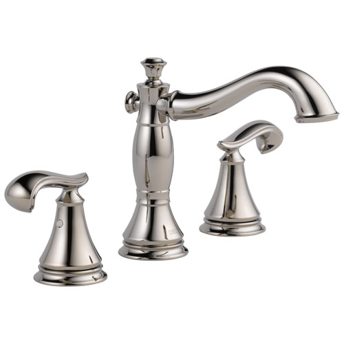 Delta Cassidy Collection Polished Nickel Traditional Widespread Lavatory Bathroom Sink Faucet INCLUDES Two French Scroll Lever Handles and Metal Pop-Up Drain D1779V