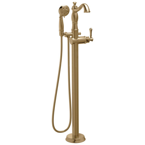 Delta Cassidy Freestanding Floor-Mount Tub Filler Faucet with Sprayer in Champagne Bronze INCLUDES Single Lever Handle and Rough-in Valve D2570V