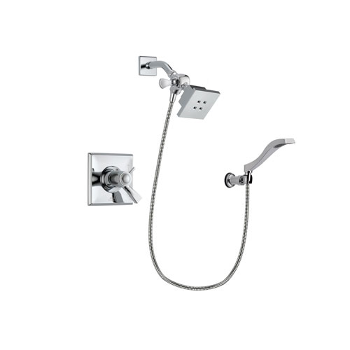 Delta Dryden Chrome Finish Thermostatic Shower Faucet System Package with Square Showerhead and Modern Handheld Shower Spray with Wall Bracket and Hose Includes Rough-in Valve DSP0001V