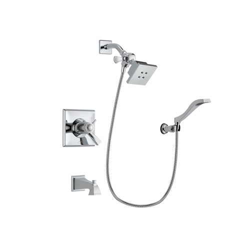 Delta Dryden Chrome Finish Thermostatic Tub and Shower Faucet System Package with Square Showerhead and Modern Handheld Shower Spray with Wall Bracket and Hose Includes Rough-in Valve and Tub Spout DSP0002V