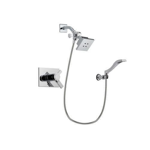 Delta Vero Chrome Finish Thermostatic Shower Faucet System Package with Square Showerhead and Modern Handheld Shower Spray with Wall Bracket and Hose Includes Rough-in Valve DSP0004V
