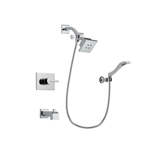 Delta Vero Chrome Finish Tub and Shower Faucet System Package with Square Showerhead and Modern Handheld Shower Spray with Wall Bracket and Hose Includes Rough-in Valve and Tub Spout DSP0010V