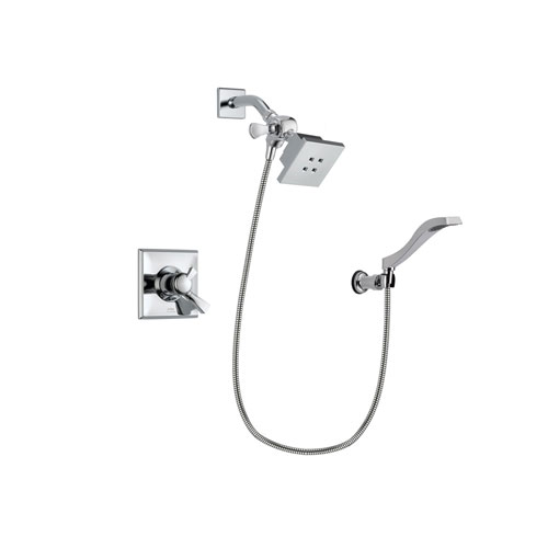 Delta Dryden Chrome Finish Dual Control Shower Faucet System Package with Square Showerhead and Modern Handheld Shower Spray with Wall Bracket and Hose Includes Rough-in Valve DSP0014V