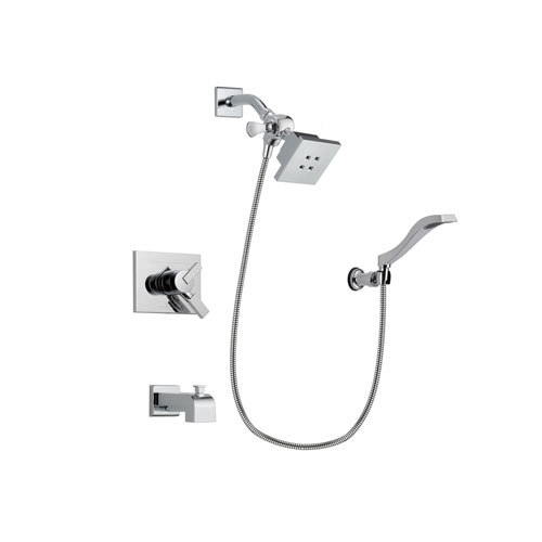 Delta Vero Chrome Finish Dual Control Tub and Shower Faucet System Package with Square Showerhead and Modern Handheld Shower Spray with Wall Bracket and Hose Includes Rough-in Valve and Tub Spout DSP0015V