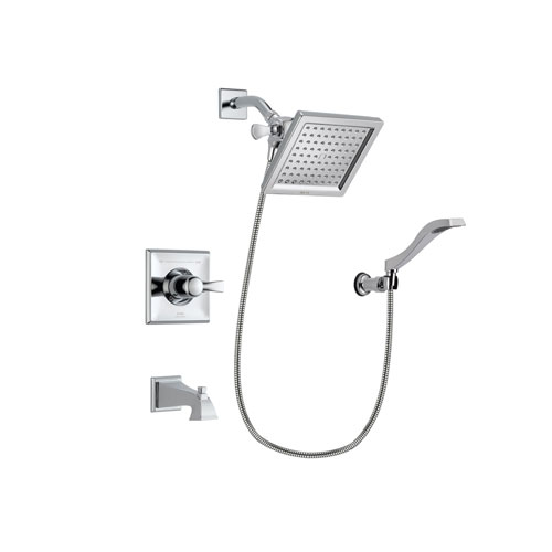 Delta Dryden Chrome Finish Tub and Shower Faucet System Package with 6.5-inch Square Rain Showerhead and Modern Handheld Shower Spray with Wall Bracket and Hose Includes Rough-in Valve and Tub Spout DSP0023V