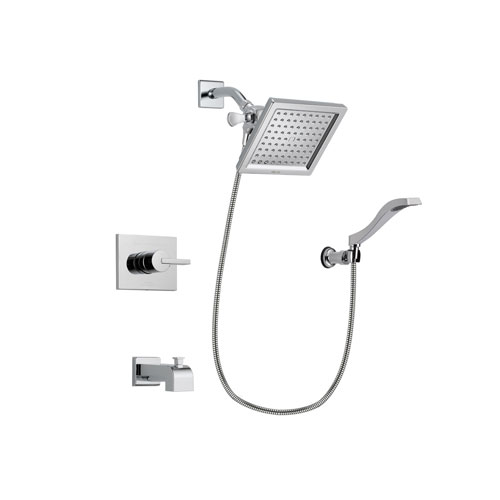 Delta Vero Chrome Finish Tub and Shower Faucet System Package with 6.5-inch Square Rain Showerhead and Modern Handheld Shower Spray with Wall Bracket and Hose Includes Rough-in Valve and Tub Spout DSP0026V