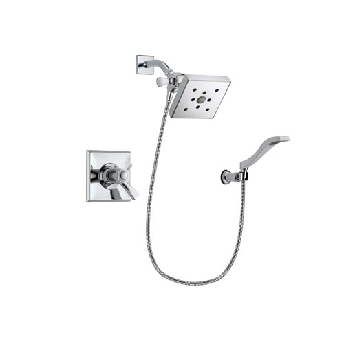 Delta Dryden Chrome Finish Thermostatic Shower Faucet System Package with Square Shower Head and Modern Handheld Shower Spray with Wall Bracket and Hose Includes Rough-in Valve DSP0033V