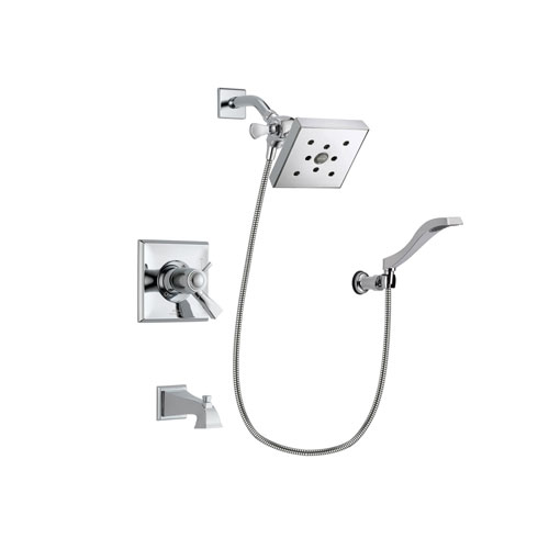 Delta Dryden Chrome Finish Thermostatic Tub and Shower Faucet System Package with Square Shower Head and Modern Handheld Shower Spray with Wall Bracket and Hose Includes Rough-in Valve and Tub Spout DSP0034V