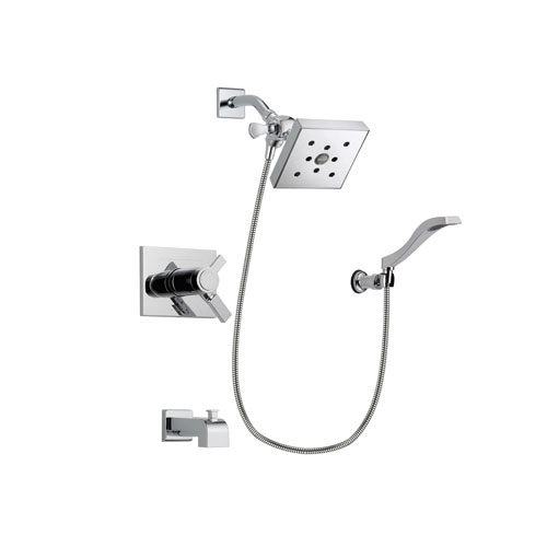 Delta Vero Chrome Finish Thermostatic Tub and Shower Faucet System Package with Square Shower Head and Modern Handheld Shower Spray with Wall Bracket and Hose Includes Rough-in Valve and Tub Spout DSP0035V