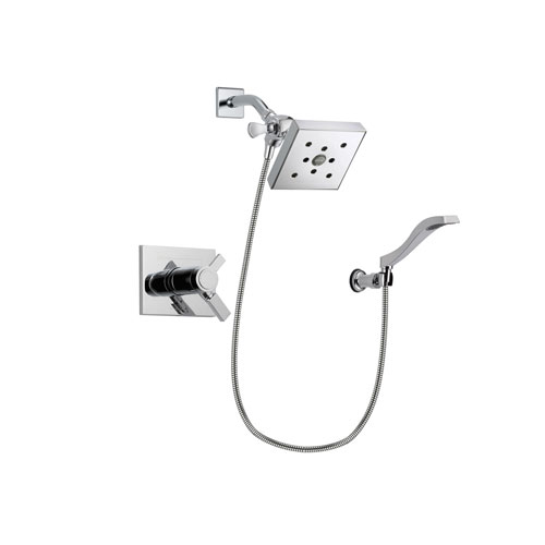 Delta Vero Chrome Finish Thermostatic Shower Faucet System Package with Square Shower Head and Modern Handheld Shower Spray with Wall Bracket and Hose Includes Rough-in Valve DSP0036V