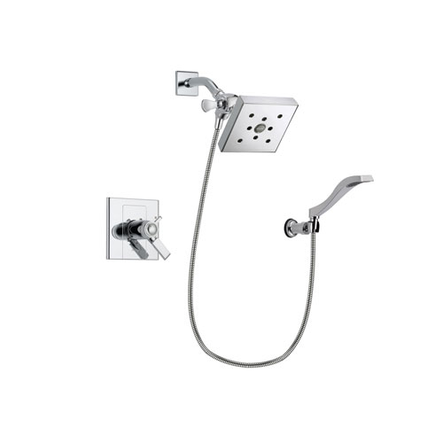 Delta Arzo Chrome Finish Thermostatic Shower Faucet System Package with Square Shower Head and Modern Handheld Shower Spray with Wall Bracket and Hose Includes Rough-in Valve DSP0037V